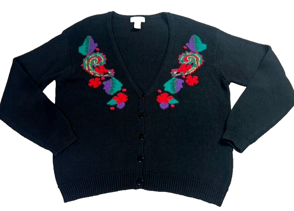 Liz Baker Cardigan Sweater Womens 3X Black Embroidered Knit